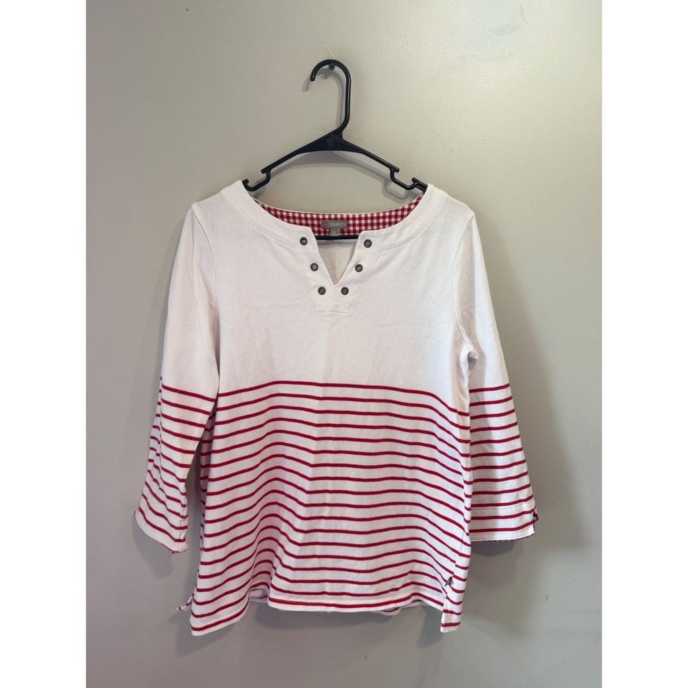 Talbots Womens Red White Striped Henley Top Gingham Trim Size M 100% Cotton